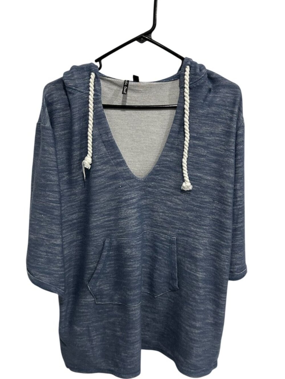 Pacific Beach Large Blue Hooded Poncho Top V-Neck Front Pocket Boho Chiccore